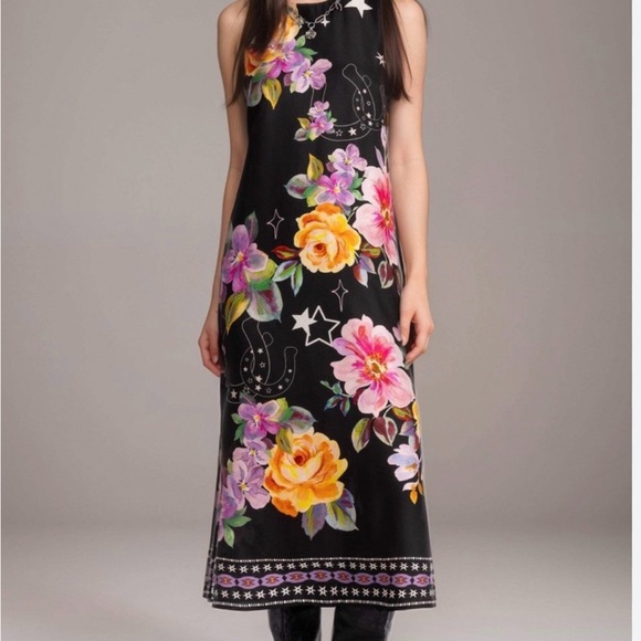 Johnny Was Karolina Black tea length Kasumi Dress with Vibrant Floral Patterns - Picture 4 of 15